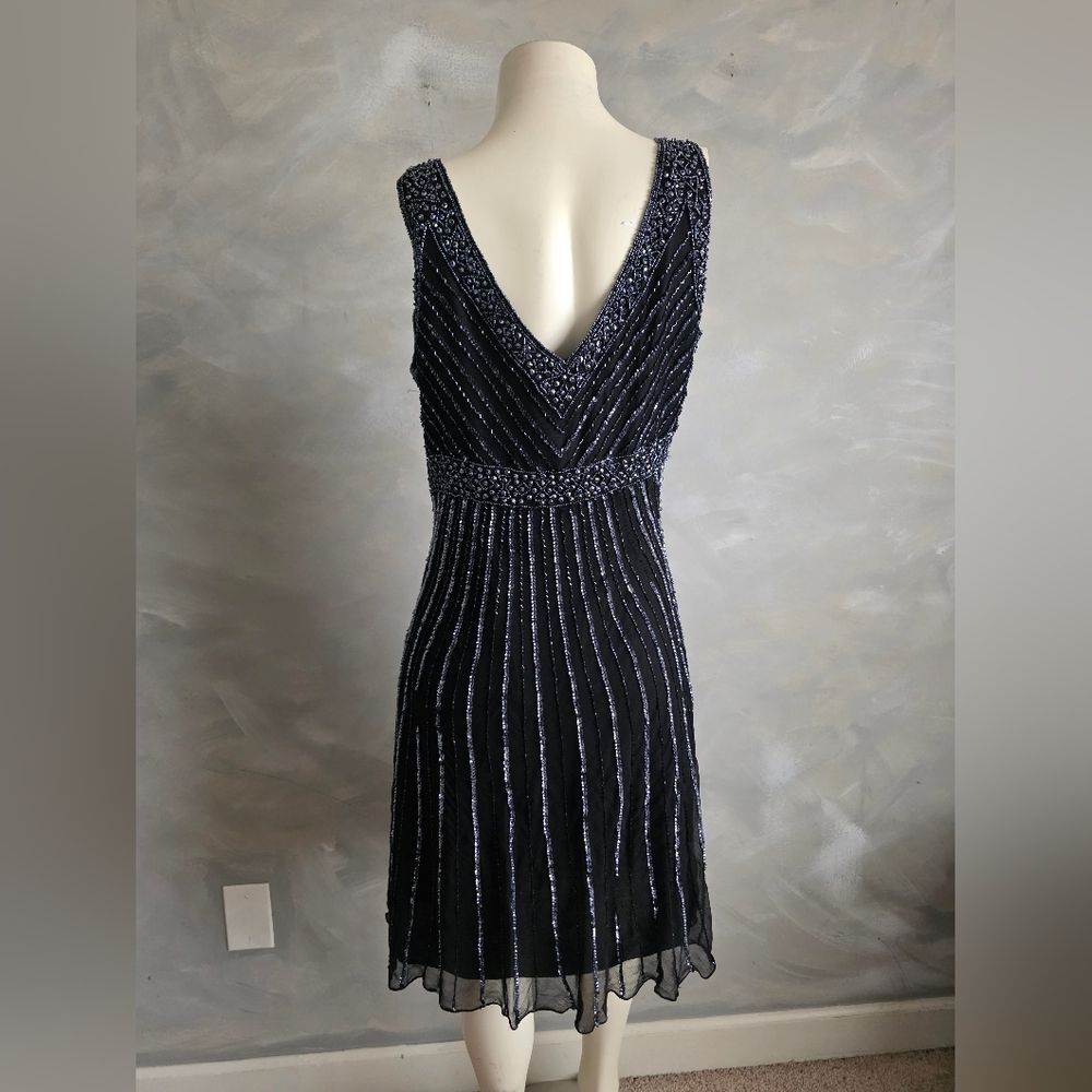 Black Fully Sequin Beaded Flapper Style Cocktail Dress Sleeveless Silk Sz 14 - Picture 7 of 16